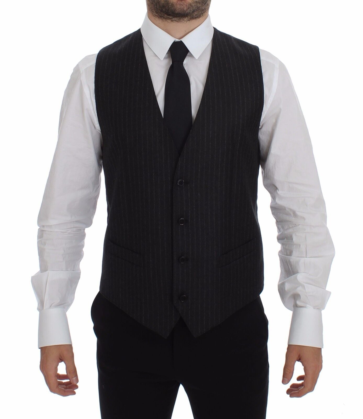 Dolce &amp; Gabbana Elegant Grey Striped Wool Dress Vest