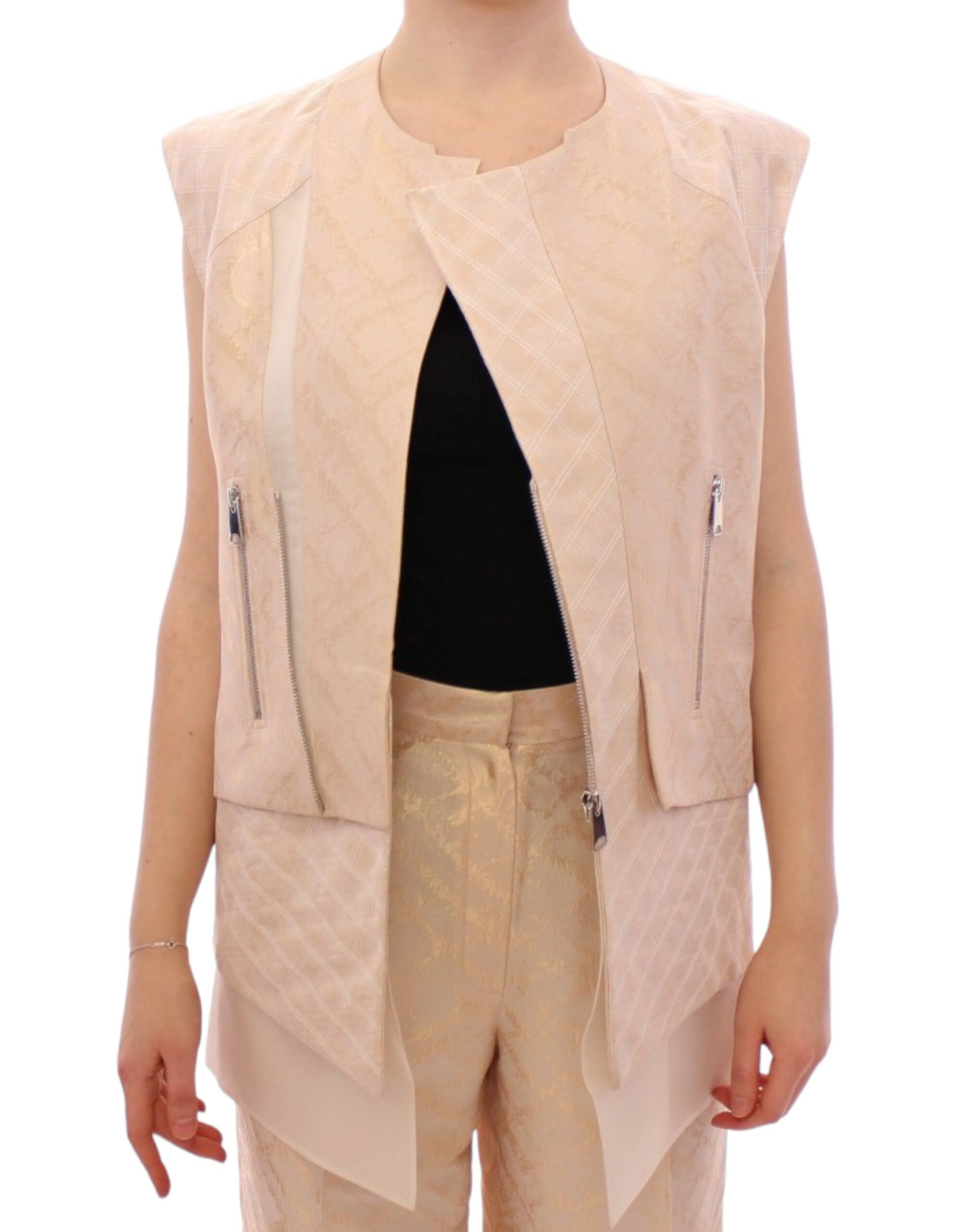 Zeyneptosun Exquisite Beige Brokat ärmellose Jacke Weste