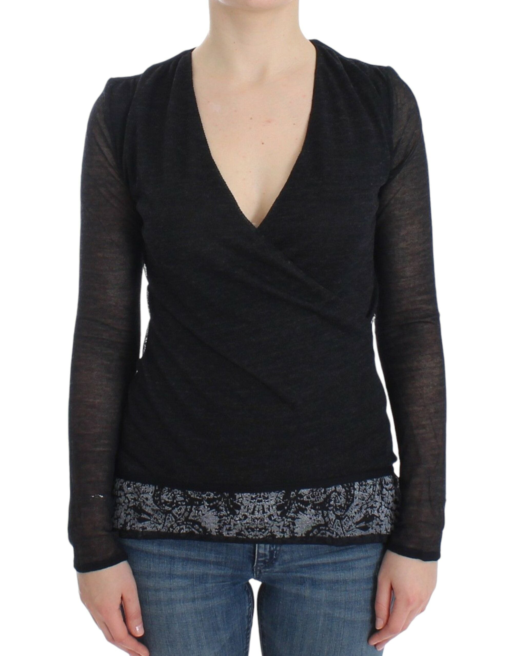 Ermanno Scervino Schwarzer Pullover mit tiefem V-Ausschnitt aus einer Wollmischung