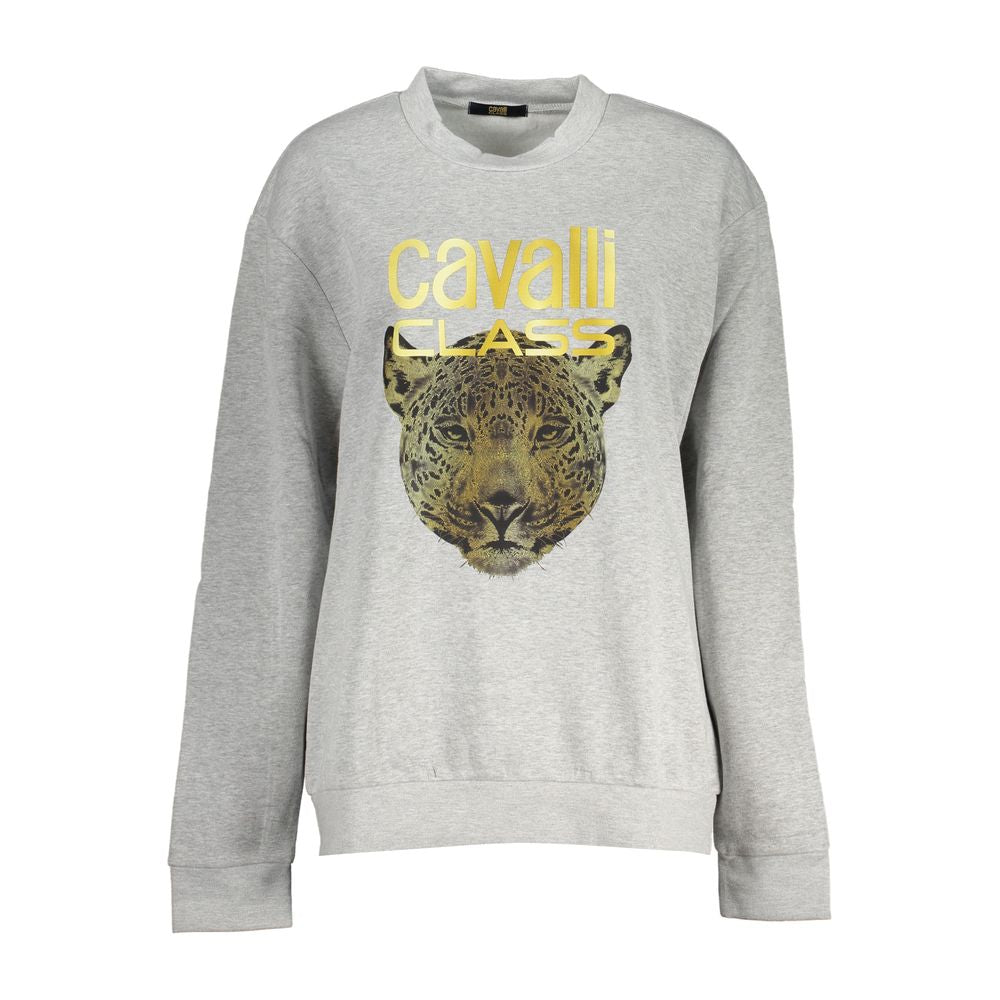 Cavalli Class Schickes graues Fleece-Sweatshirt mit Rundhalsausschnitt