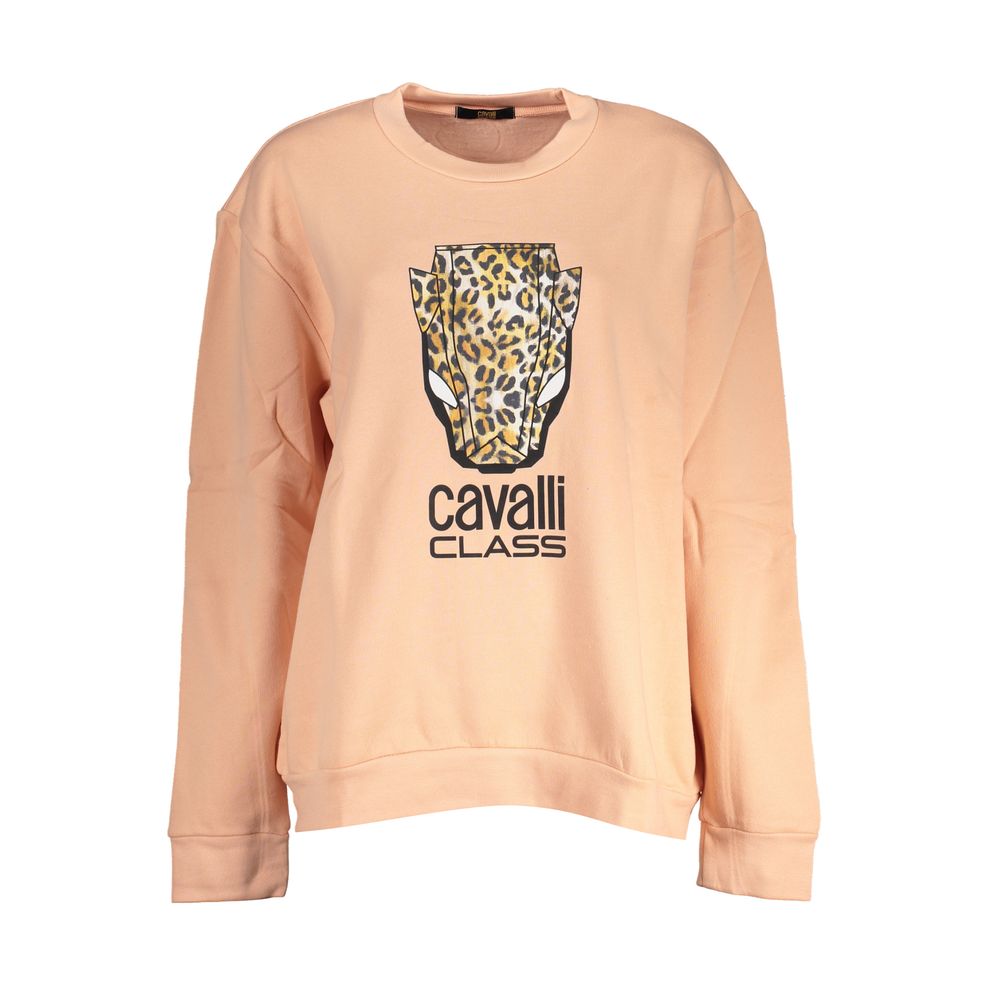 Cavalli Class Eleganter rosa Fleece-Pullover mit Rundhalsausschnitt