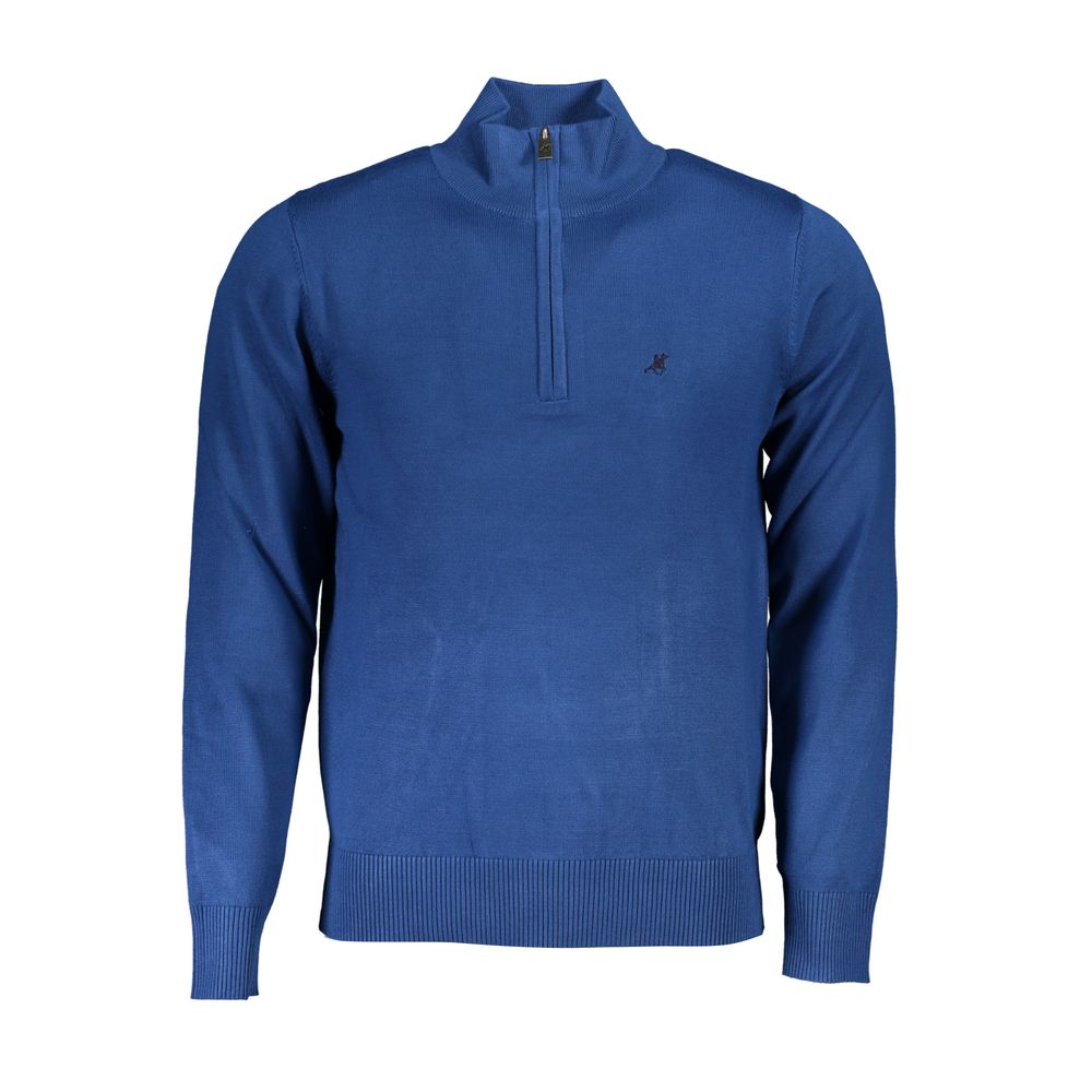 U.S. Grand Polo Eleganter blauer Pullover mit gesticktem Halbreißverschluss