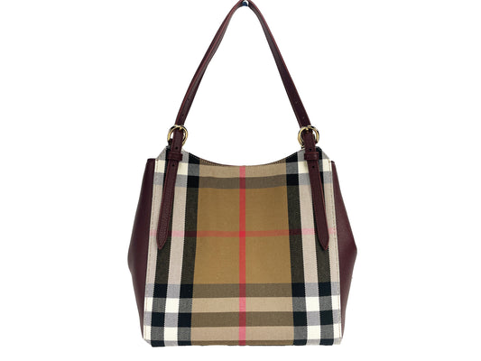 Burberry Kleine Canterby Mahagoni Leder Check Canvas Tote Bag Handtasche