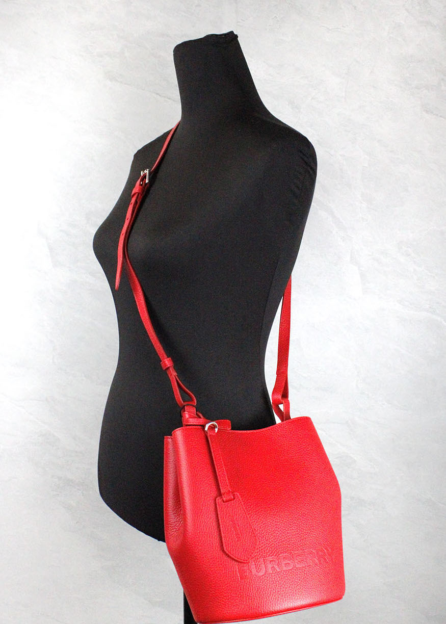 Burberry Lorne Small Red Pebbled Leather Bucket Crossbody Handbag