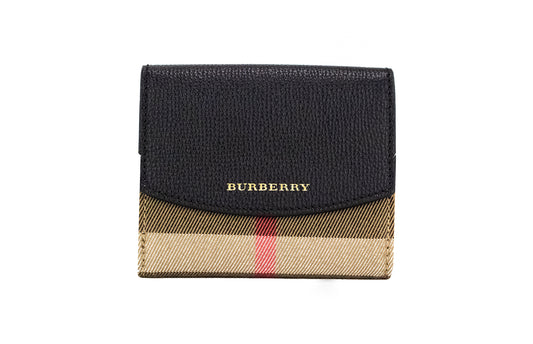 Burberry Luna Schwarzes genarbtes Leder Haus Check Canvas Münzbeutel Snap Brieftasche