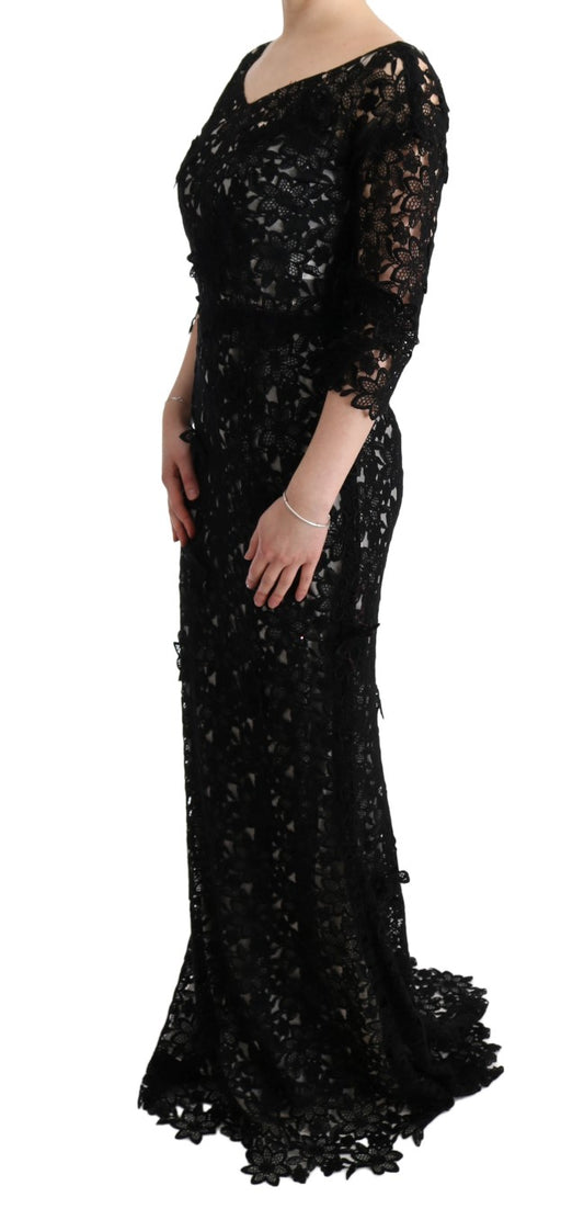 Dolce &amp; Gabbana Elegant black maxi shift dress with floral appliqué