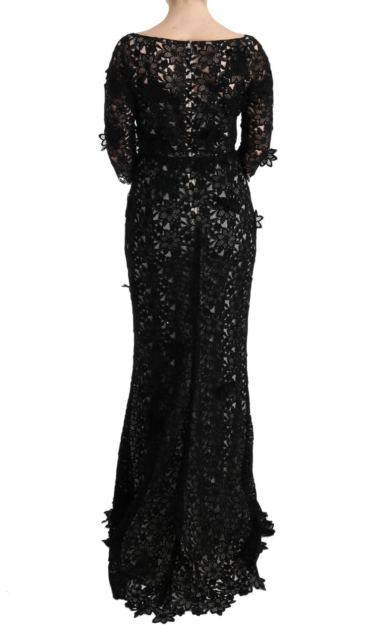 Dolce &amp; Gabbana Elegant black maxi shift dress with floral appliqué