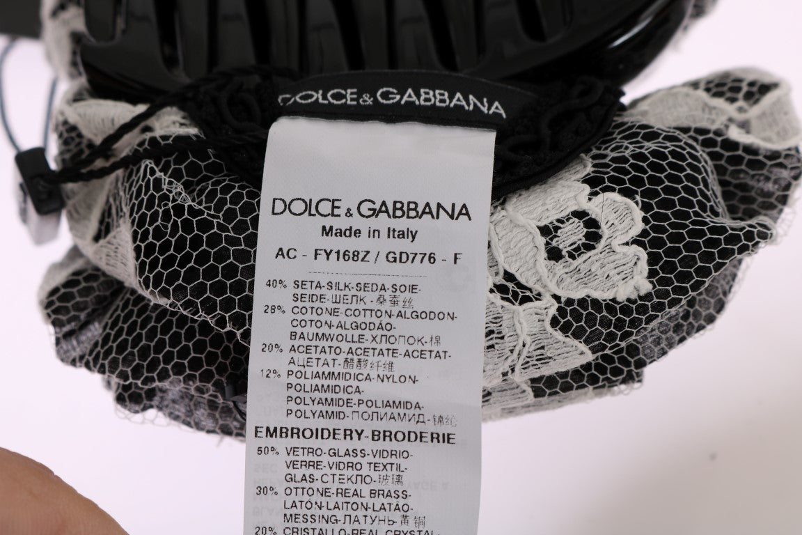 Dolce & Gabbana Elegante Haarspange mit schwarzer und weißer Blumenspitze und Kristall