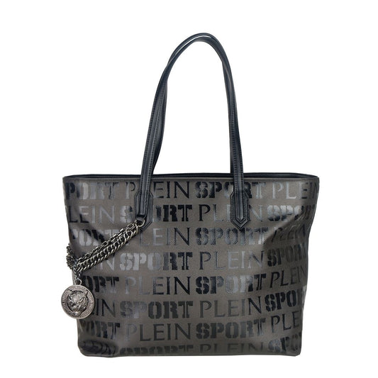 Plein Sport Elegant black shopper bag with logo print and cross strap