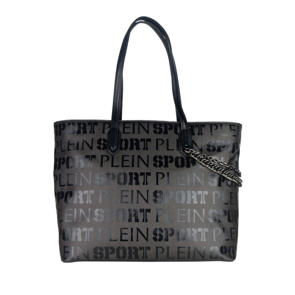 Plein Sport Elegant black shopper bag with logo print and cross strap