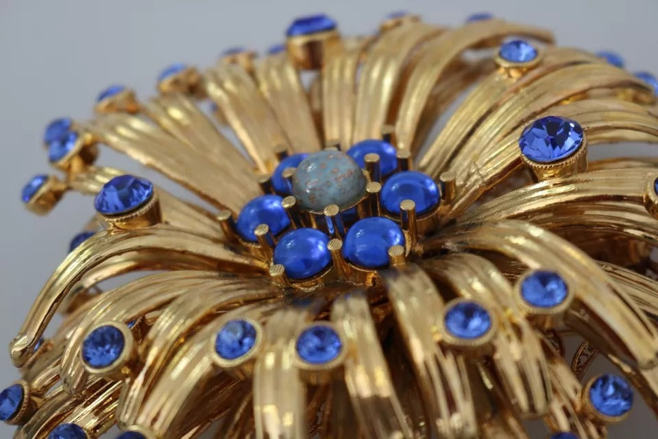 Dolce & Gabbana Gold Messing Blau Kristalle verschönert Schmuck Brosche