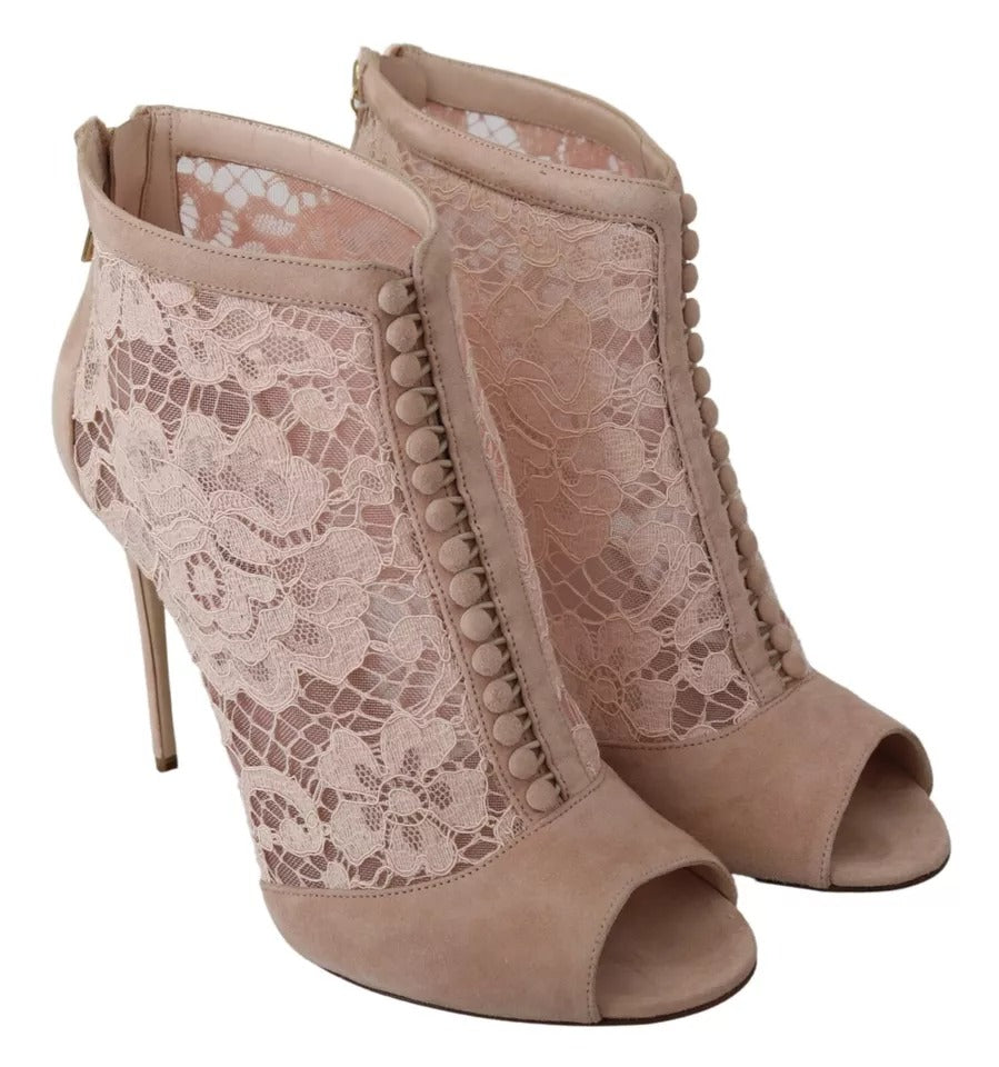 Dolce & Gabbana Beige Spitze Wildleder Peep Toe Ankle Boots Schuhe