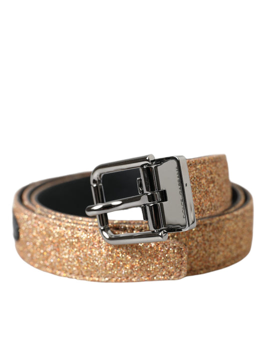 Dolce & Gabbana Gold Glitter Leder Silber Metall Schnalle Gürtel