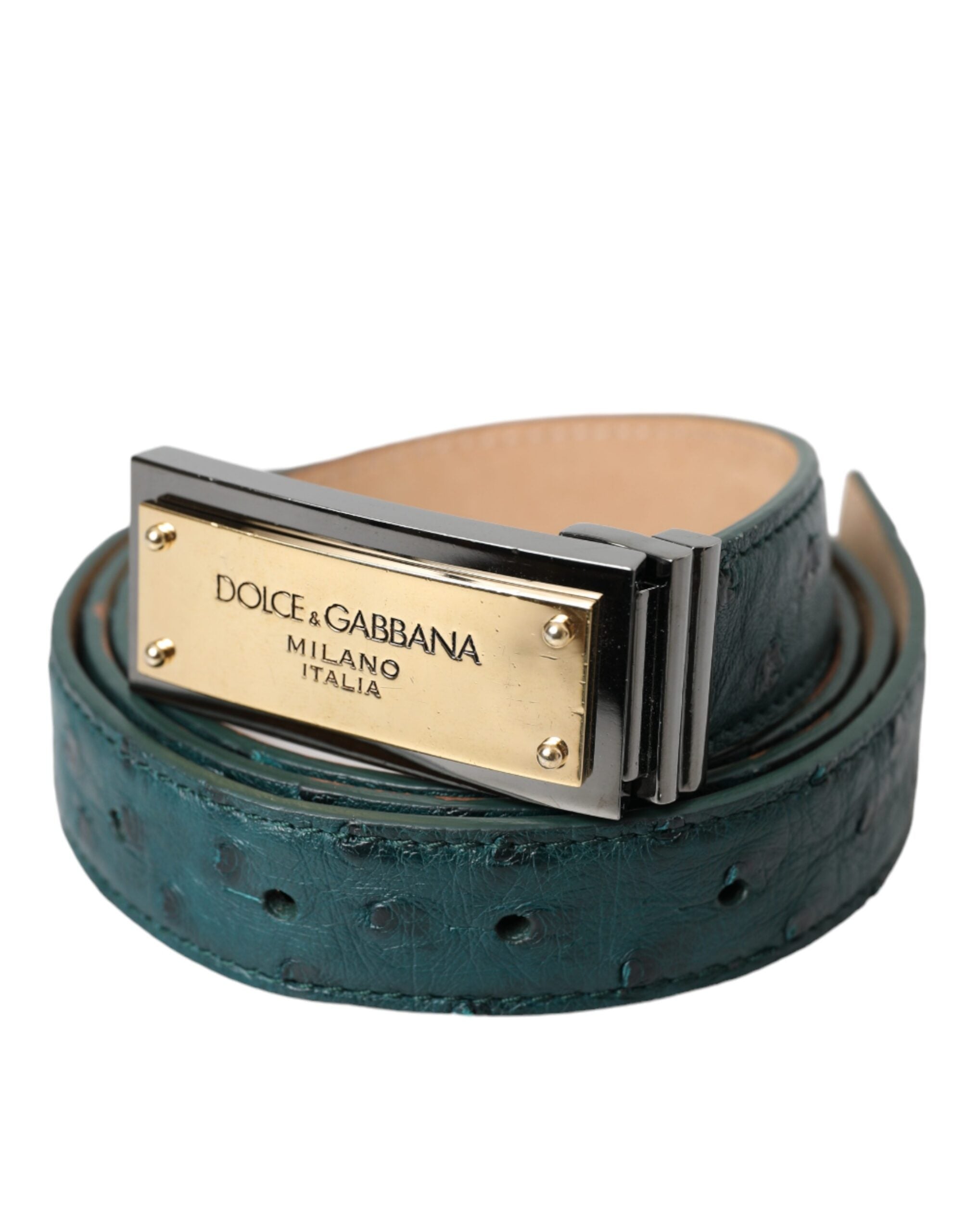 Dolce & Gabbana Grünes Leder Gold Logo Gravierte Schnalle Gürtel