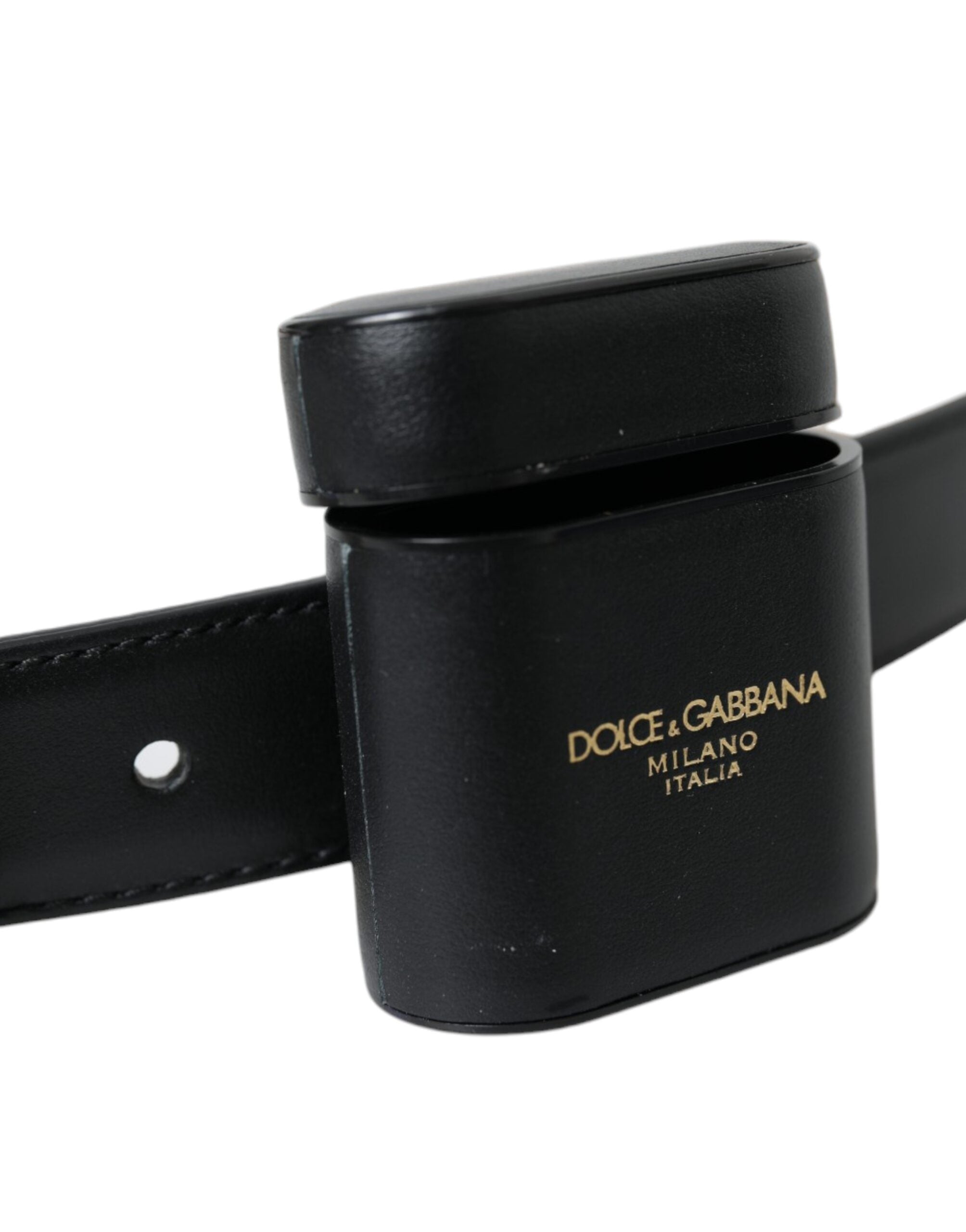 Dolce & Gabbana Schwarzes Leder Airpods Fall Silber Schnalle Gürtel