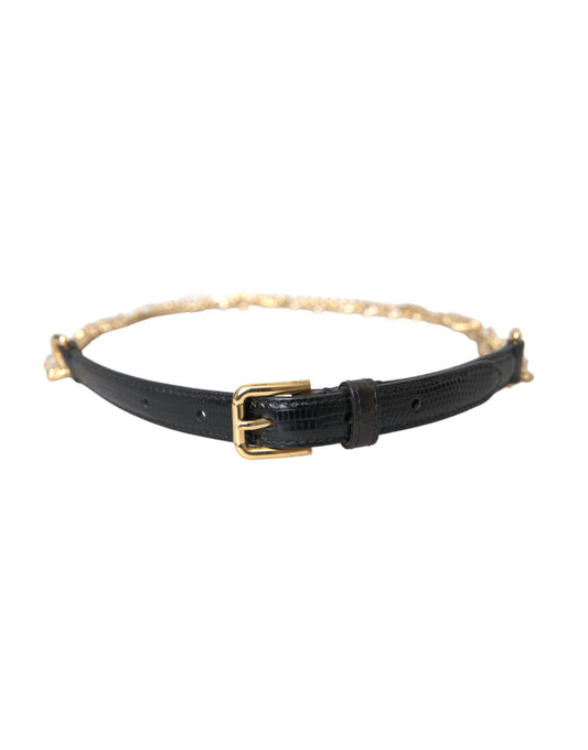 Dolce & Gabbana Schwarzes Leder Gold Kette Kristall Taille Frauen Gürtel