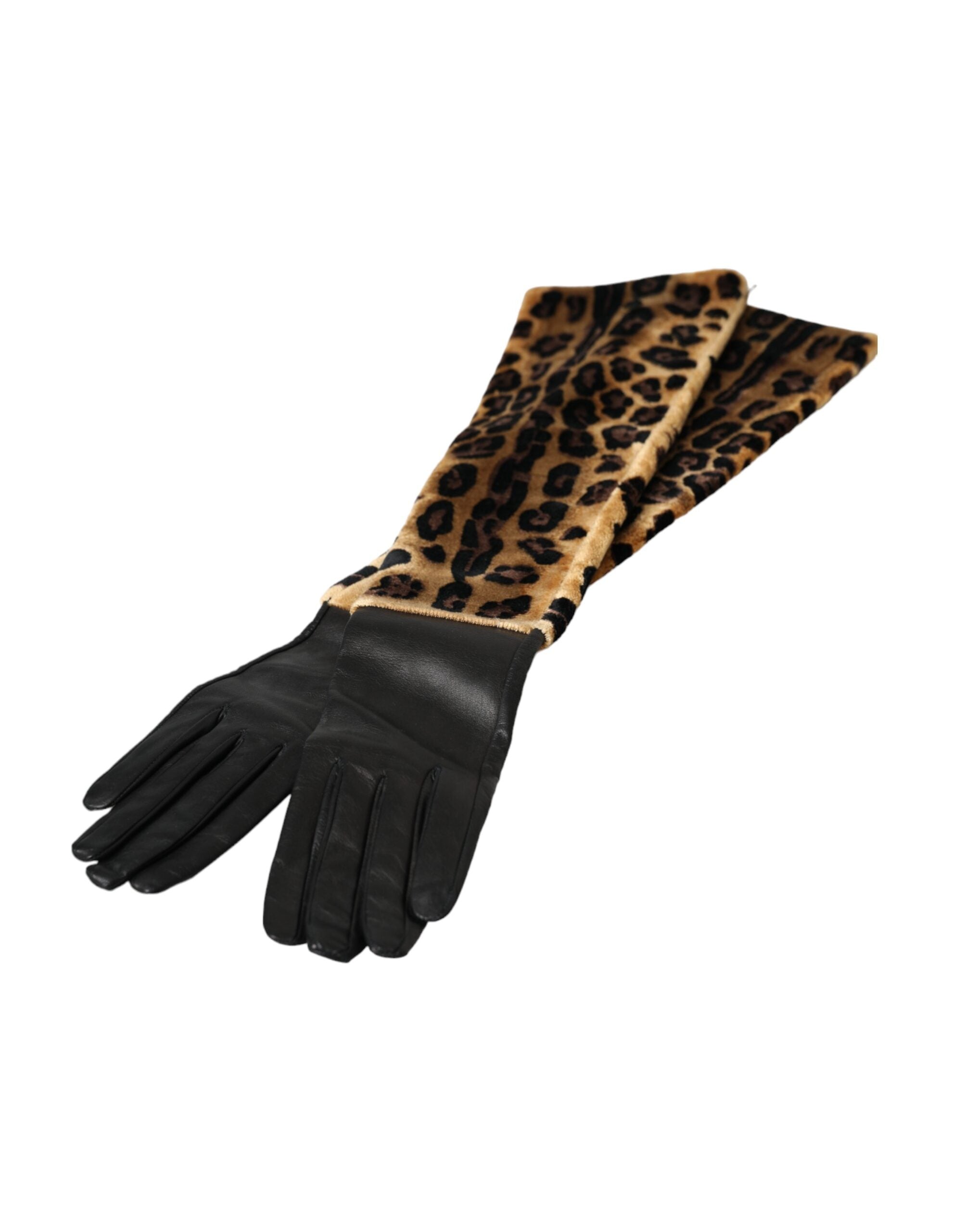 Dolce & Gabbana Braun Schwarz Leopard Leder Ellenbogenlange Handschuhe