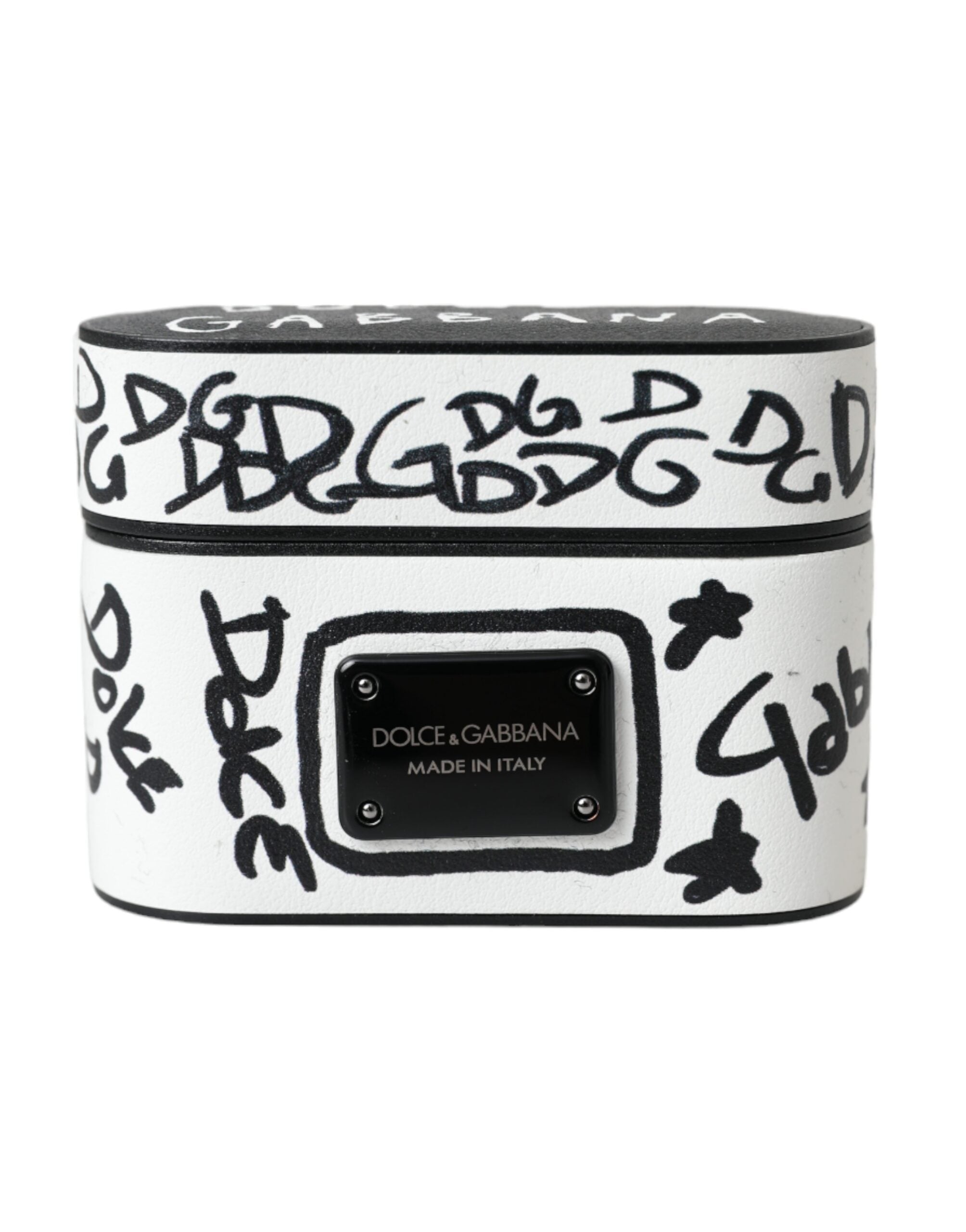 Dolce & Gabbana Schwarzes weißes Leder Scribble mit geprägtem Logo Airpods Etui