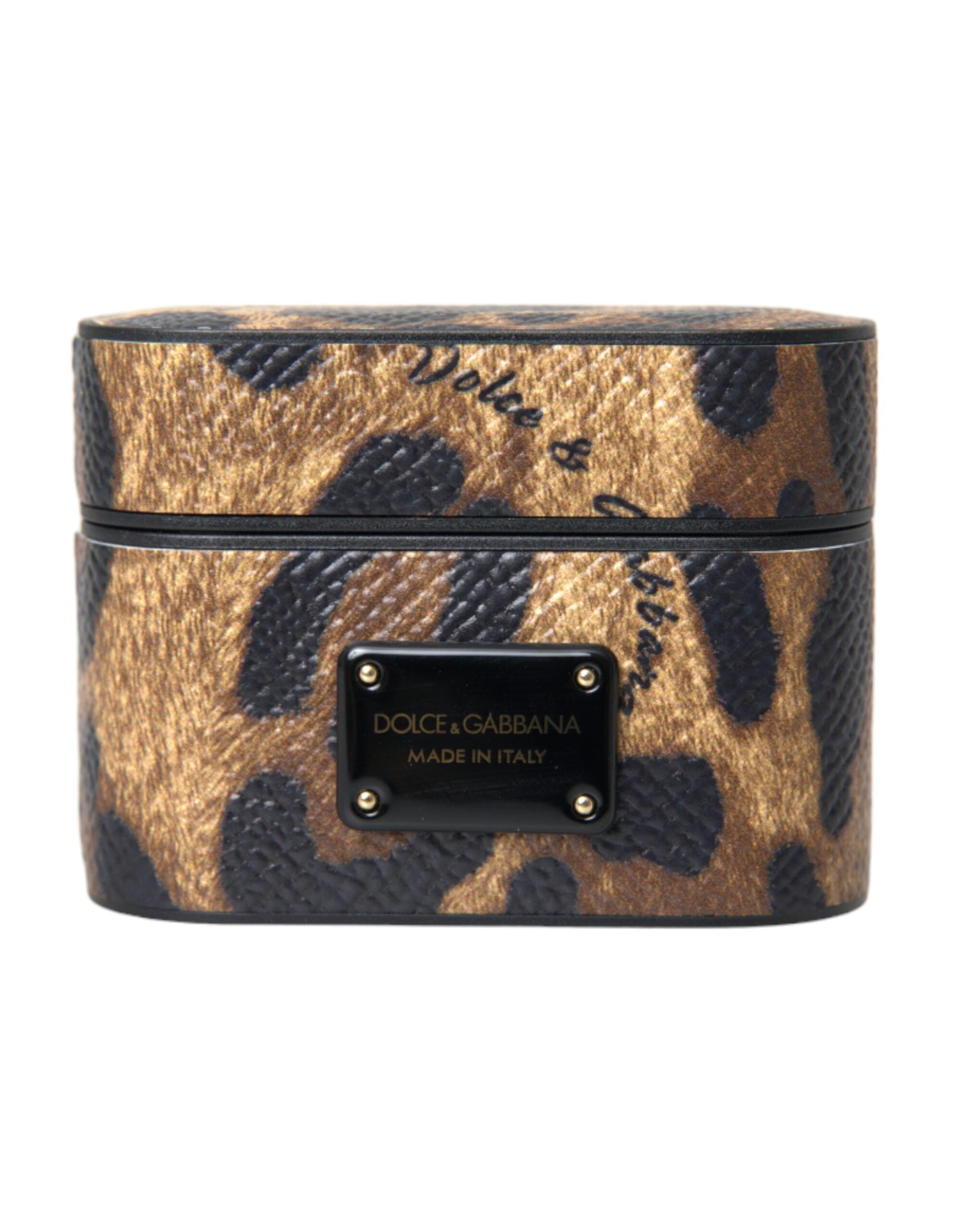 Dolce & Gabbana Brauner Leopard Kalbsleder Metall Logo Plaque Airpods Fall