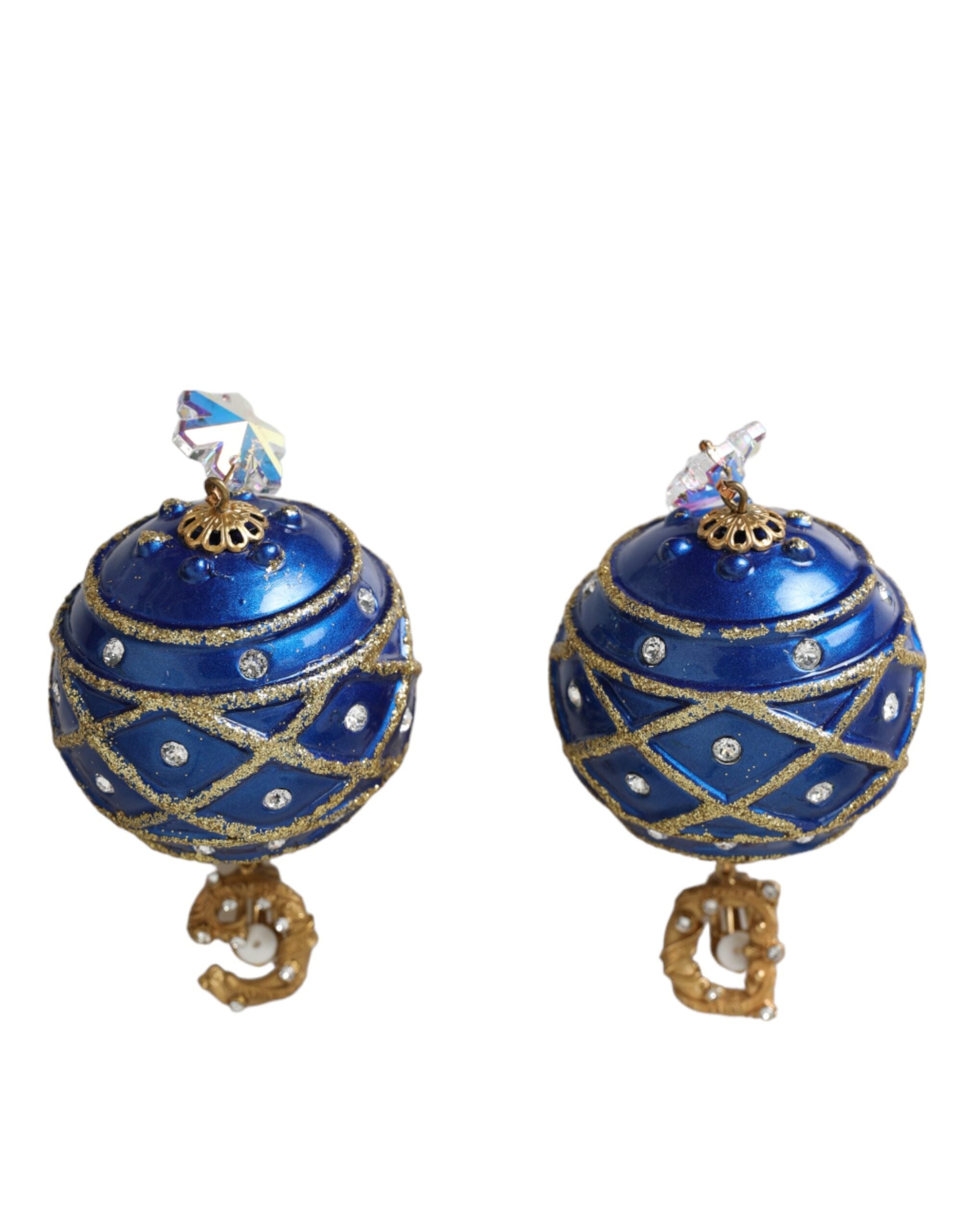 Dolce & Gabbana Gold Messing Blau Dangle Weihnachten Ball Crystal Clip auf Ohrringe