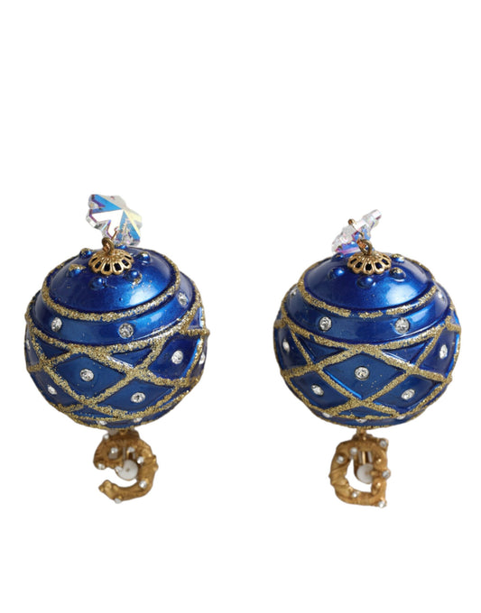 Dolce & Gabbana Gold Messing Blau Dangle Weihnachten Ball Crystal Clip auf Ohrringe