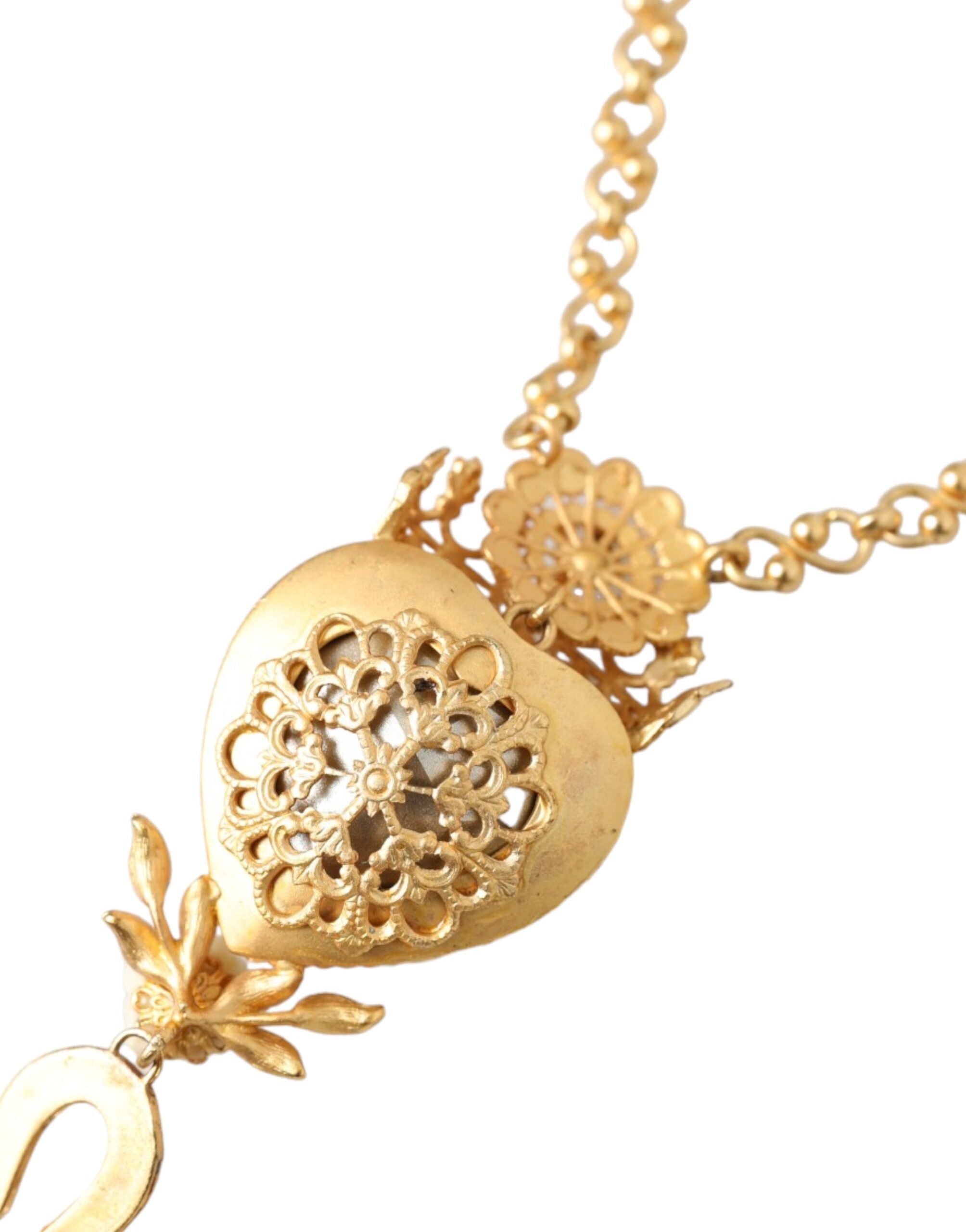 Dolce & Gabbana Gold Messing Kette Heiliges Herz Kristall Charme Halskette