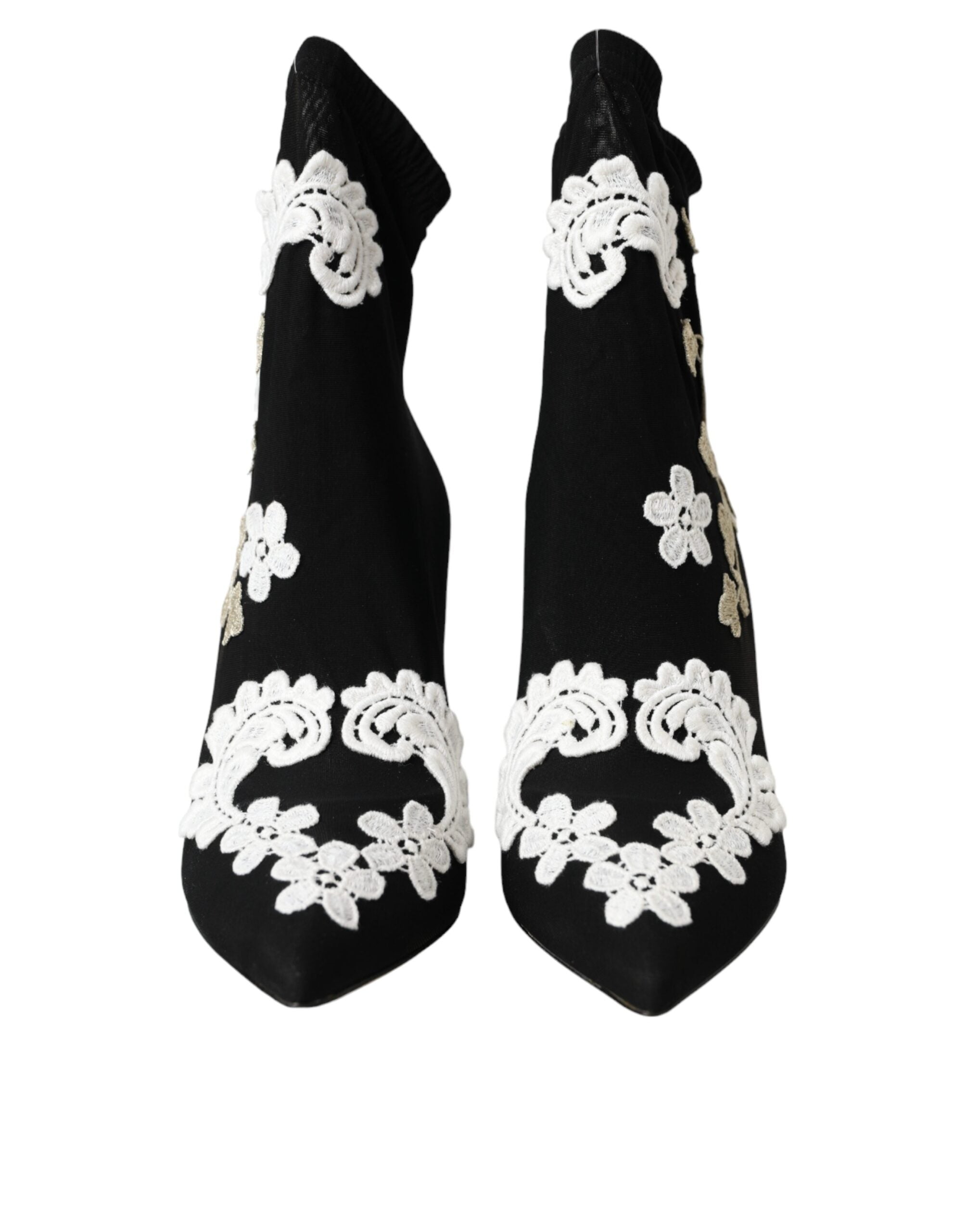 Dolce & Gabbana Schwarz Weiß Stickerei Slip On Stiefel Schuhe