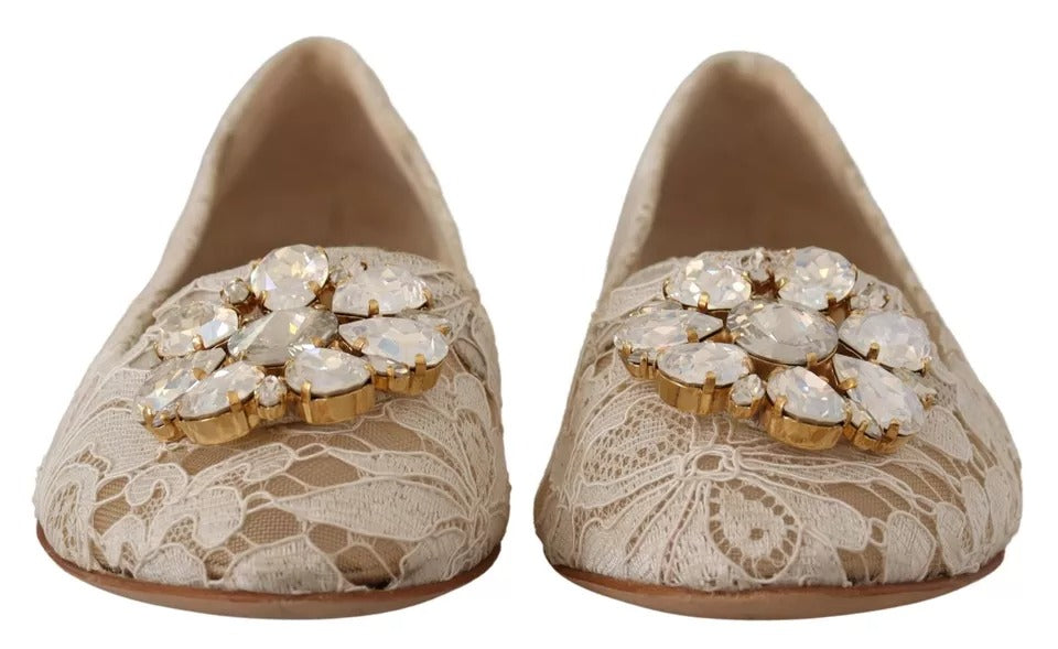 Dolce & Gabbana Beige Spitze Kristall Ballett Flats Loafers Schuhe