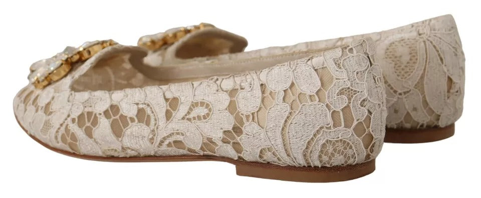 Dolce & Gabbana Beige Spitze Kristall Ballett Flats Loafers Schuhe