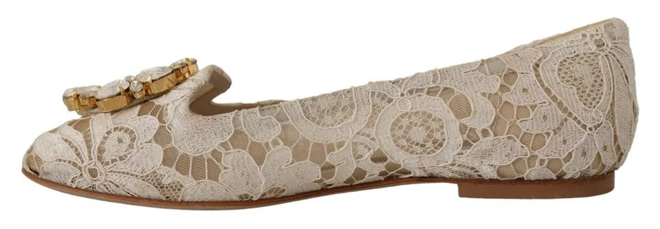 Dolce & Gabbana Beige Spitze Kristall Ballett Flats Loafers Schuhe