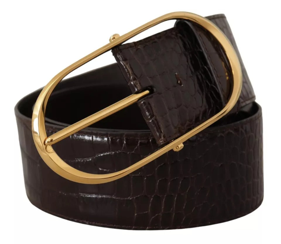 Dolce & Gabbana Braunes Krokodilmuster Leder Gold Oval Schnalle Gürtel