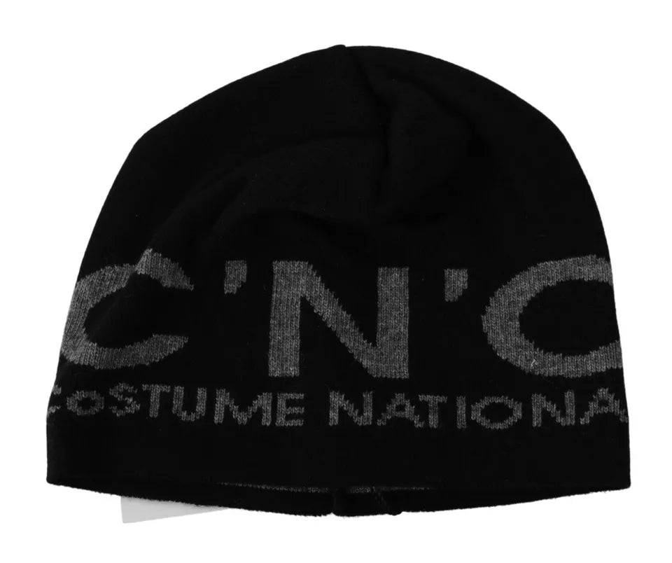 Costume National Schwarze Beanie-Mütze aus Wollmischung mit Branding