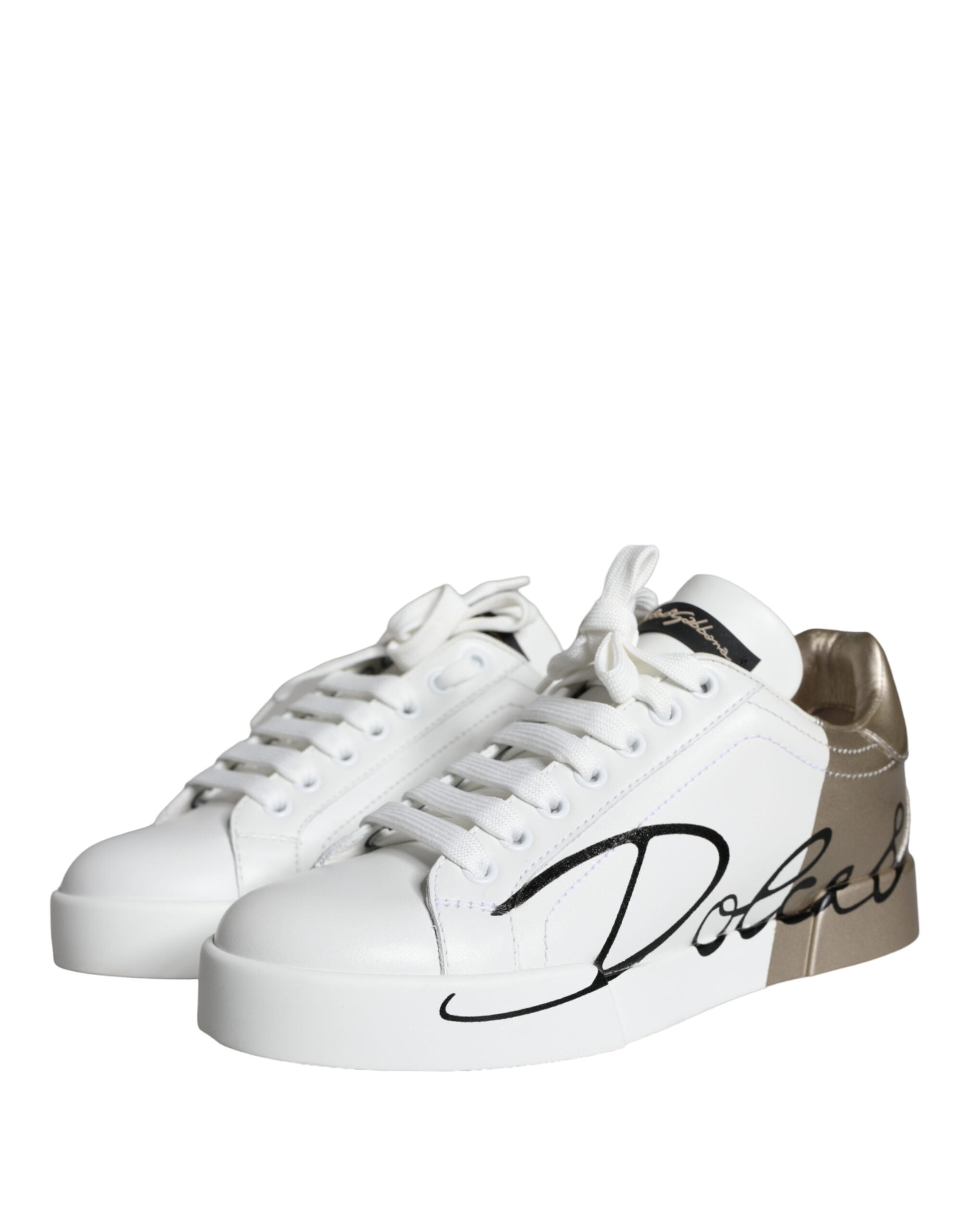 Dolce & Gabbana Weiß Gold Portofino Low Top Leder Turnschuhe Schuhe