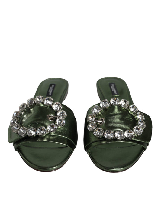 Dolce & Gabbana Metallic Green Crystal Leather Flats Sandals Shoes