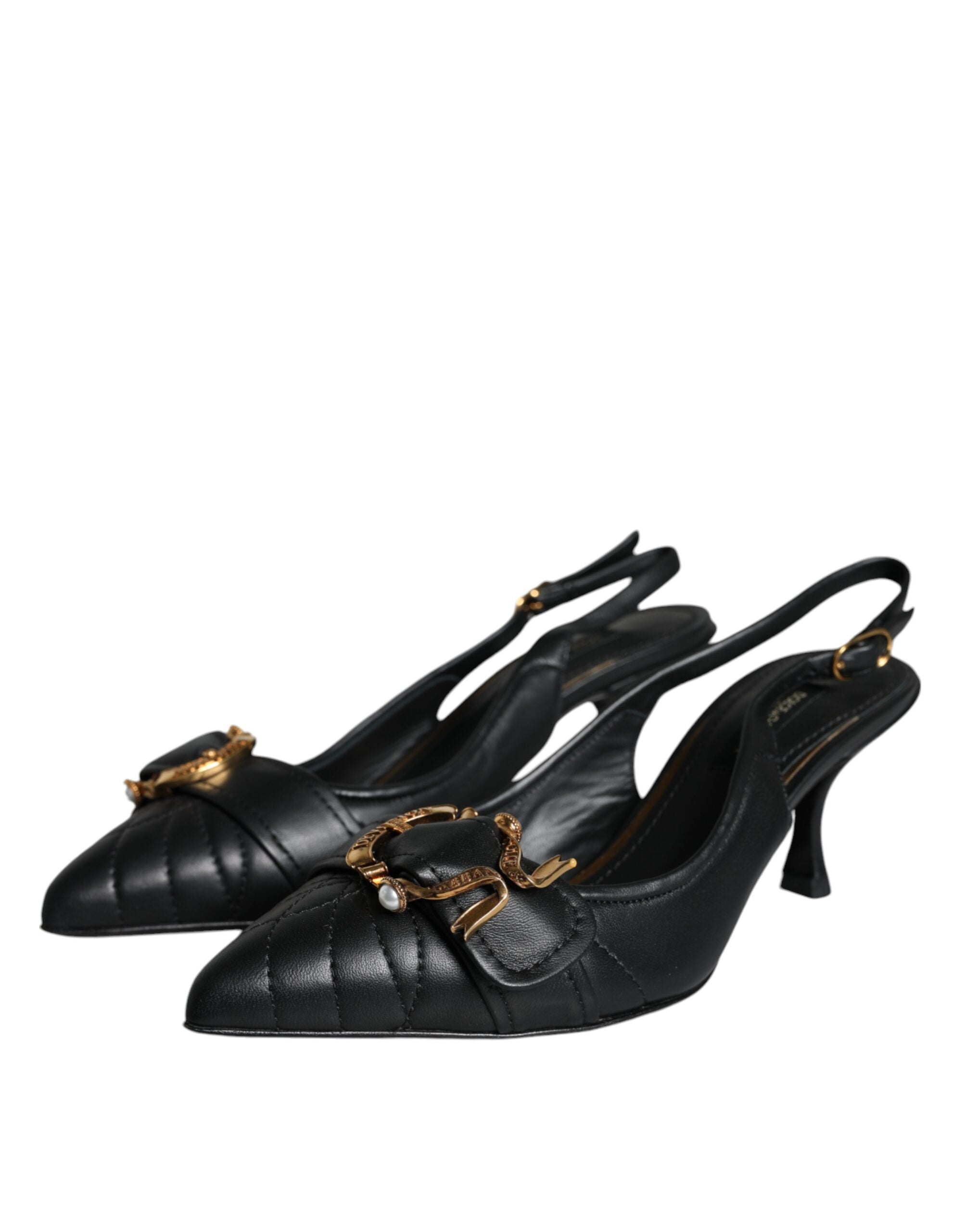 Dolce & Gabbana Black Devotion Leather Heels Slingback Shoes