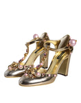 Load image into Gallery viewer, Dolce & Gabbana Gold Embellished Leather T-strap Heels Shoes
