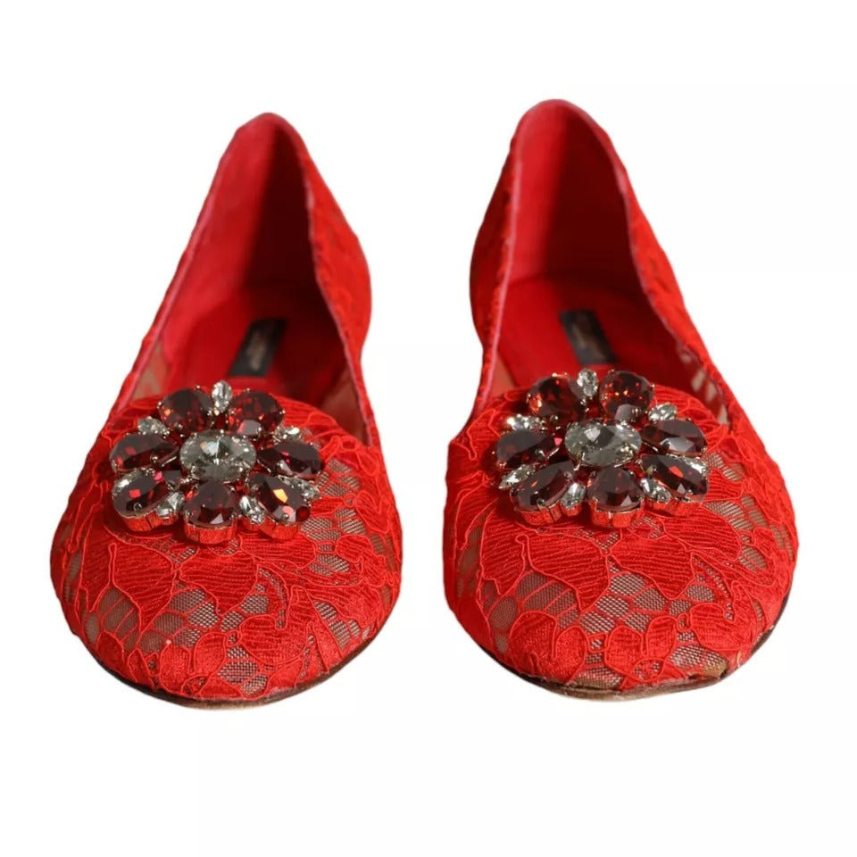 Dolce & Gabbana Rote Spitze Kristall Ballett Flats Loafers Schuhe