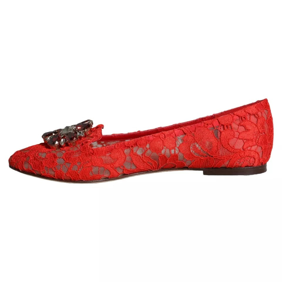 Dolce & Gabbana Rote Spitze Kristall Ballett Flats Loafers Schuhe