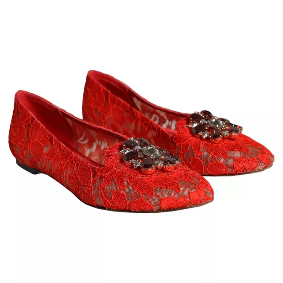 Dolce & Gabbana Rote Spitze Kristall Ballett Flats Loafers Schuhe