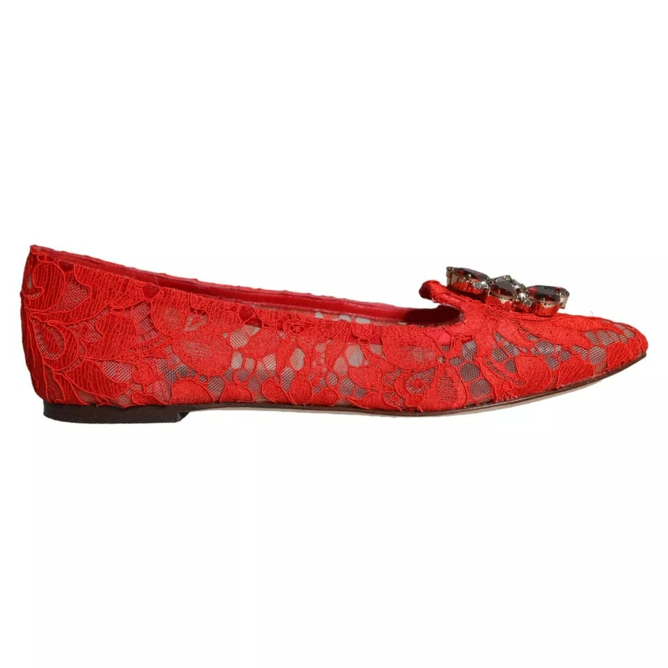 Dolce & Gabbana Rote Spitze Kristall Ballett Flats Loafers Schuhe