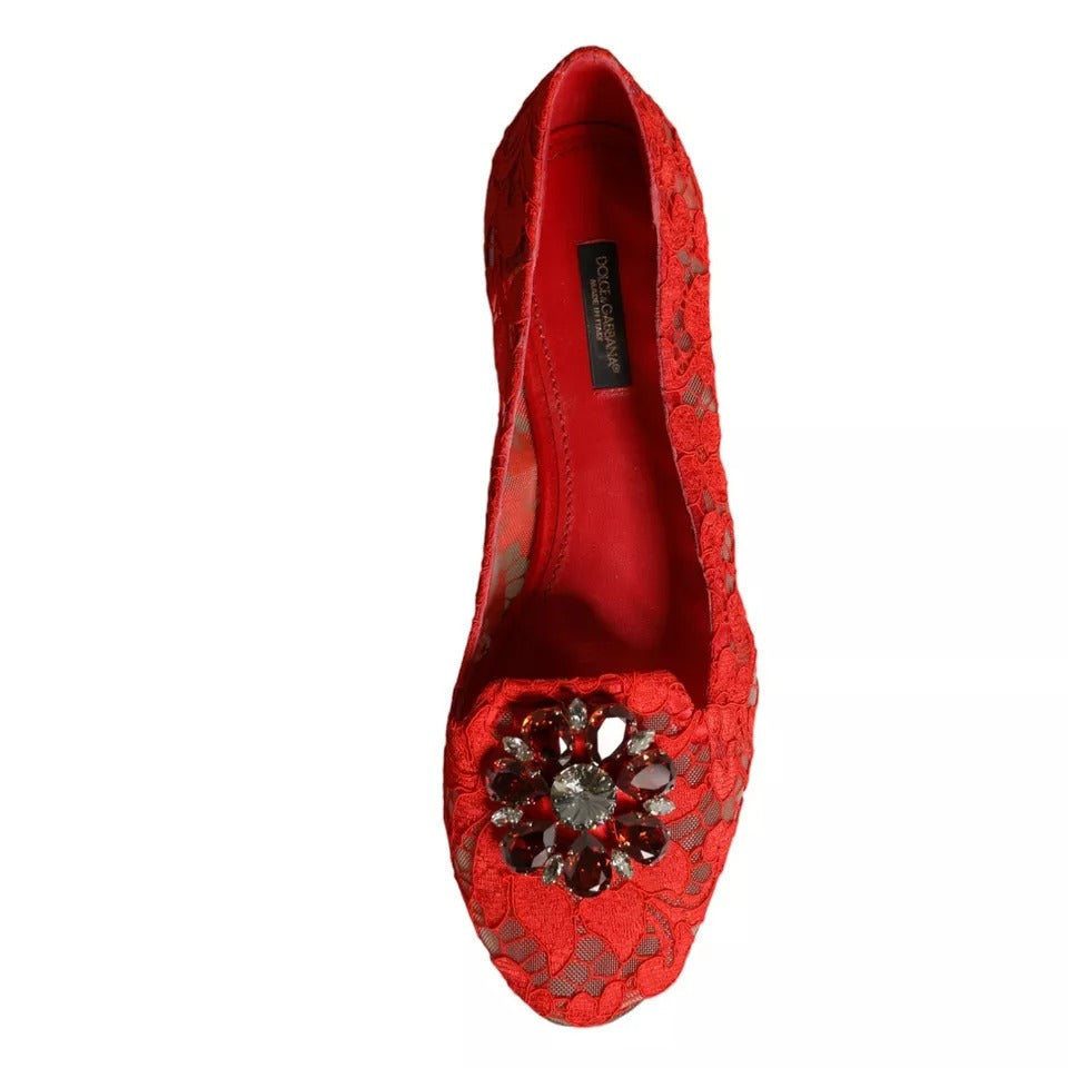 Dolce & Gabbana Rote Spitze Kristall Ballett Flats Loafers Schuhe