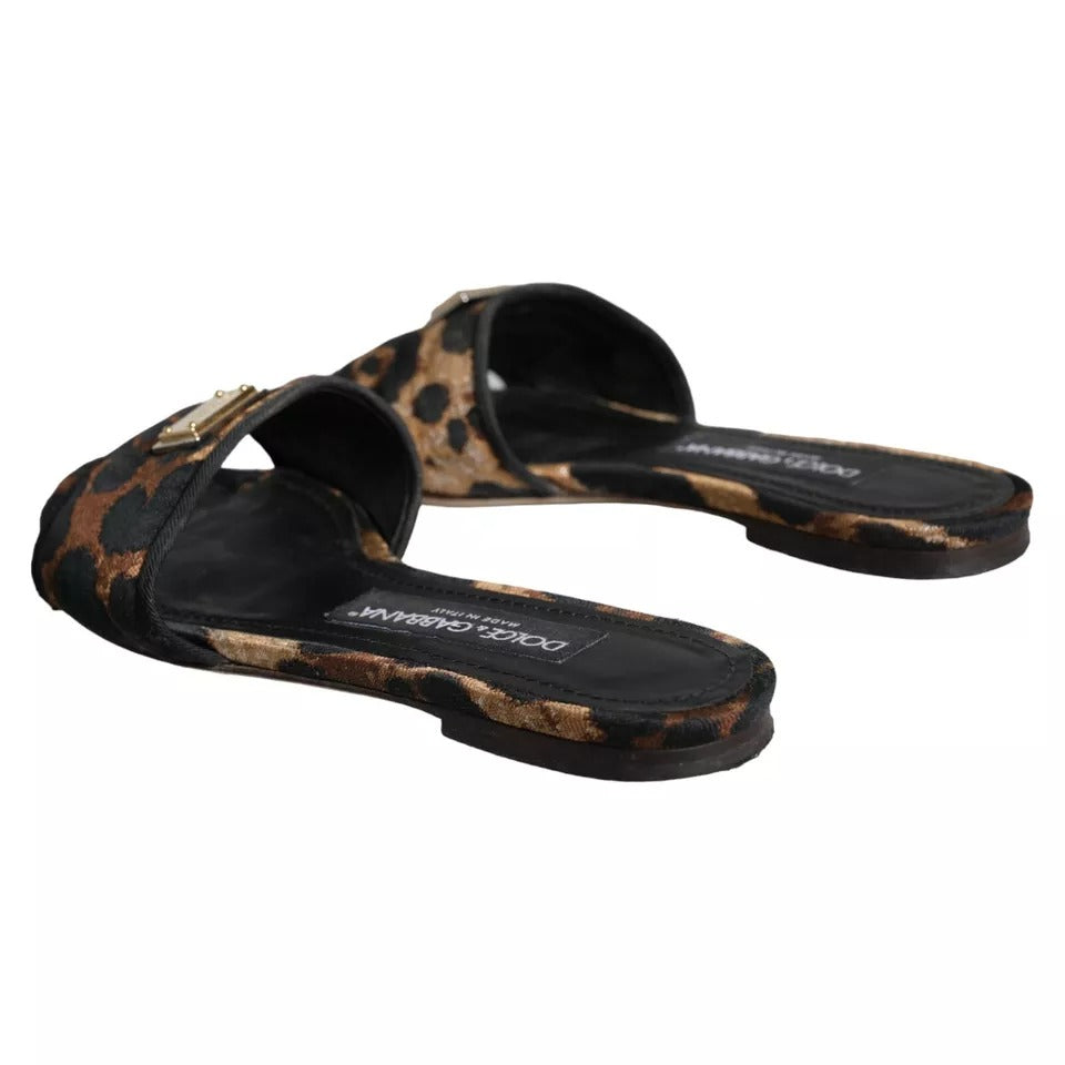 Dolce & Gabbana Braun Leopard Logo Slides Flats Sandalen Schuhe