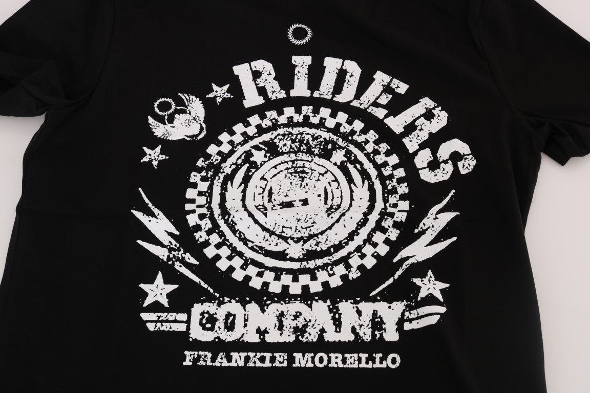 Frankie Morello Chic 'RIDERS' motifli siyah sıfır yaka tişört