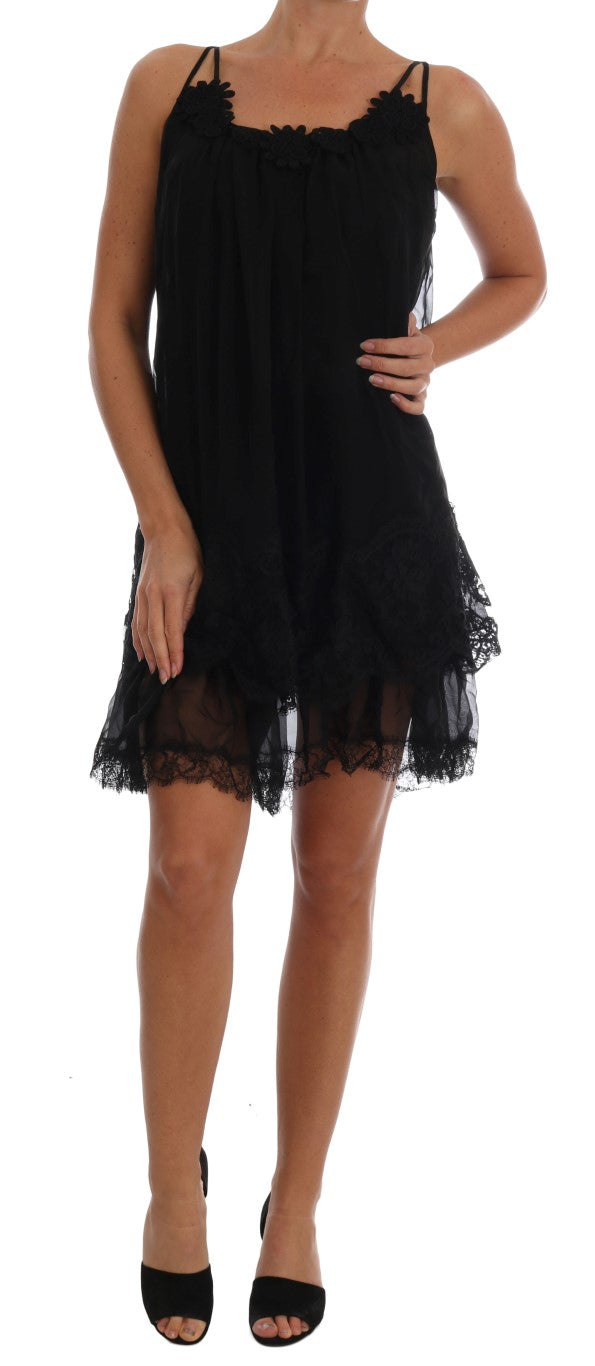 Dolce &amp; Gabbana Elegant Black Silk Lace Chemise Dress