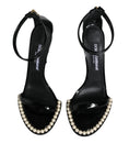 Load image into Gallery viewer, Dolce & Gabbana Black Keira Leather Faux Pearl Sandals Heels Shoes
