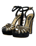 Bild in Galerie-Betrachter laden, Dolce & Gabbana Black Leather Faux Pearl Heel Sandals Shoes
