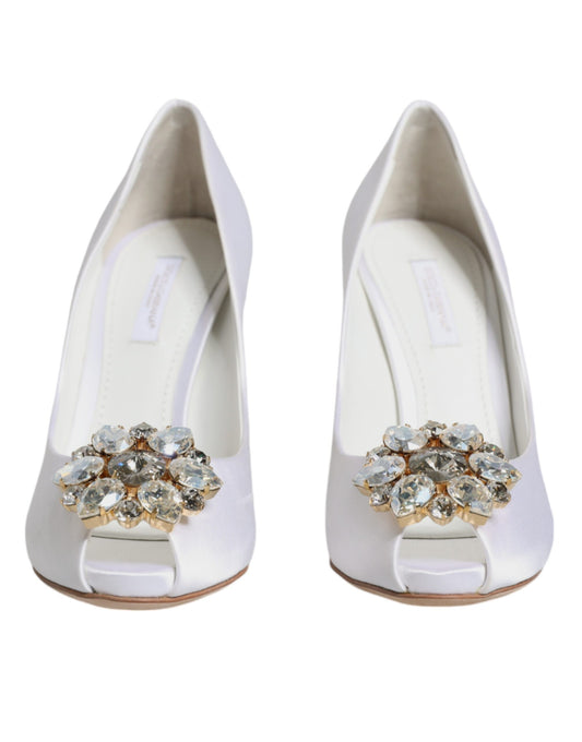 Dolce & Gabbana White Crystals Peep Toe Satin Pumps Shoes