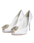 Bild in Galerie-Betrachter laden, Dolce & Gabbana White Crystals Peep Toe Satin Pumps Shoes
