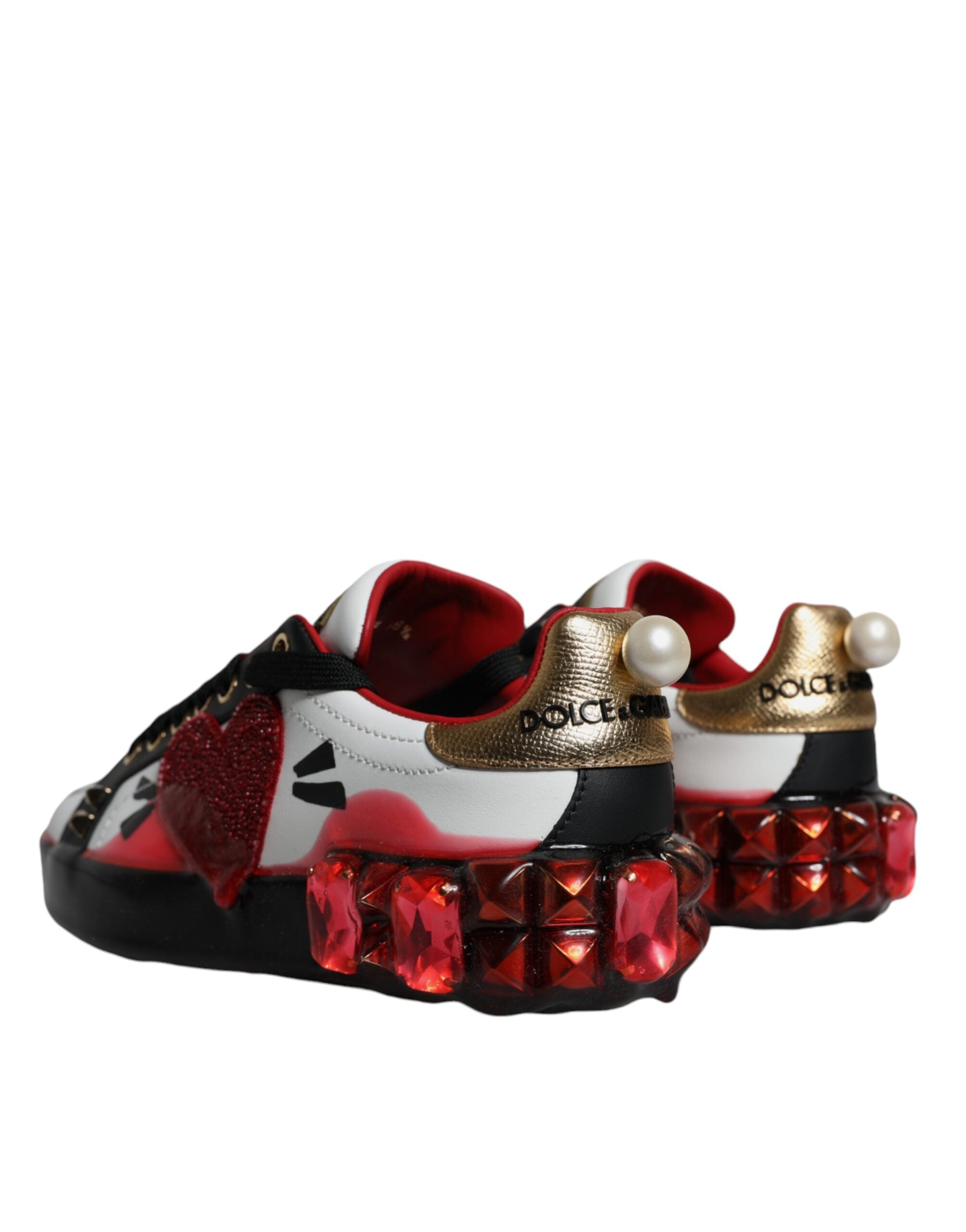 Dolce & Gabbana Weiß Rot Kristalle Leder Portofino Turnschuhe Schuhe