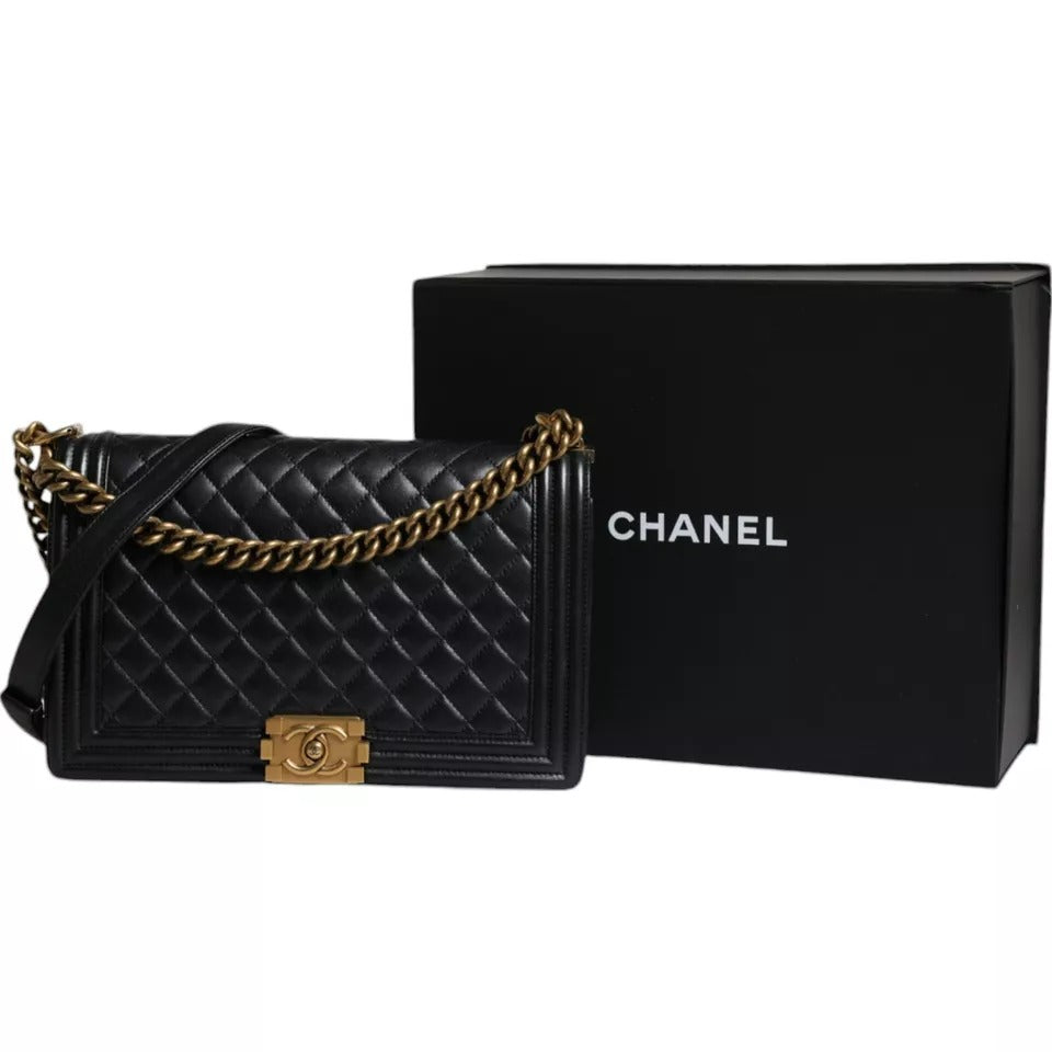 Chanel Black Large Lambskin Double Chain Gold Leather Shoulder Bag